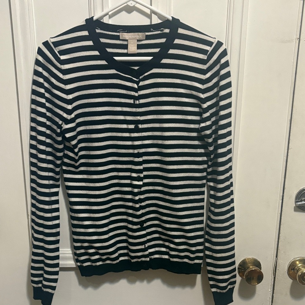 Banana Republic Navy and White Striped Cardigan Medium